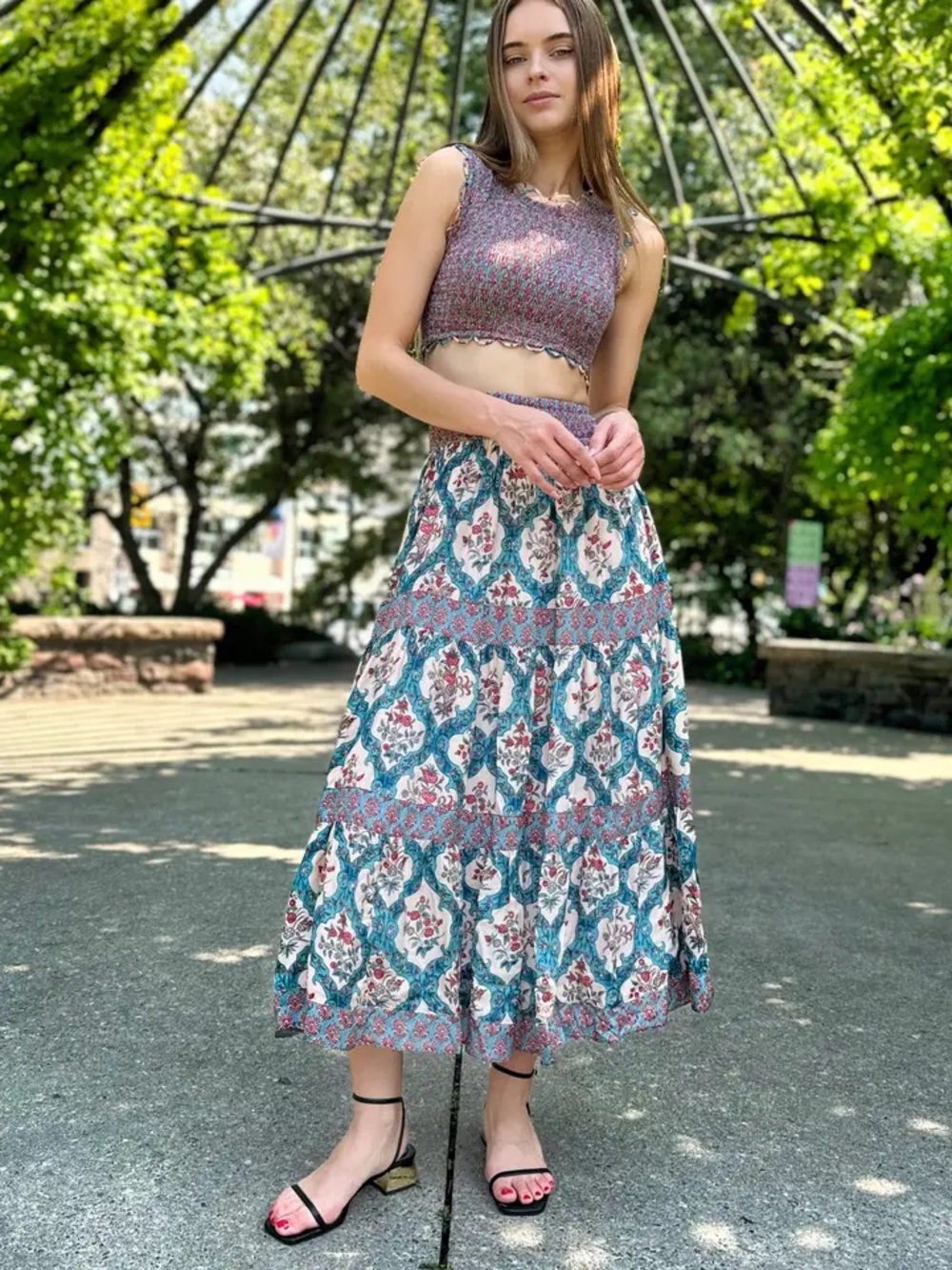 Boho Midi Dress in Teal & Blush Floral - Sleeveless Tiered Set